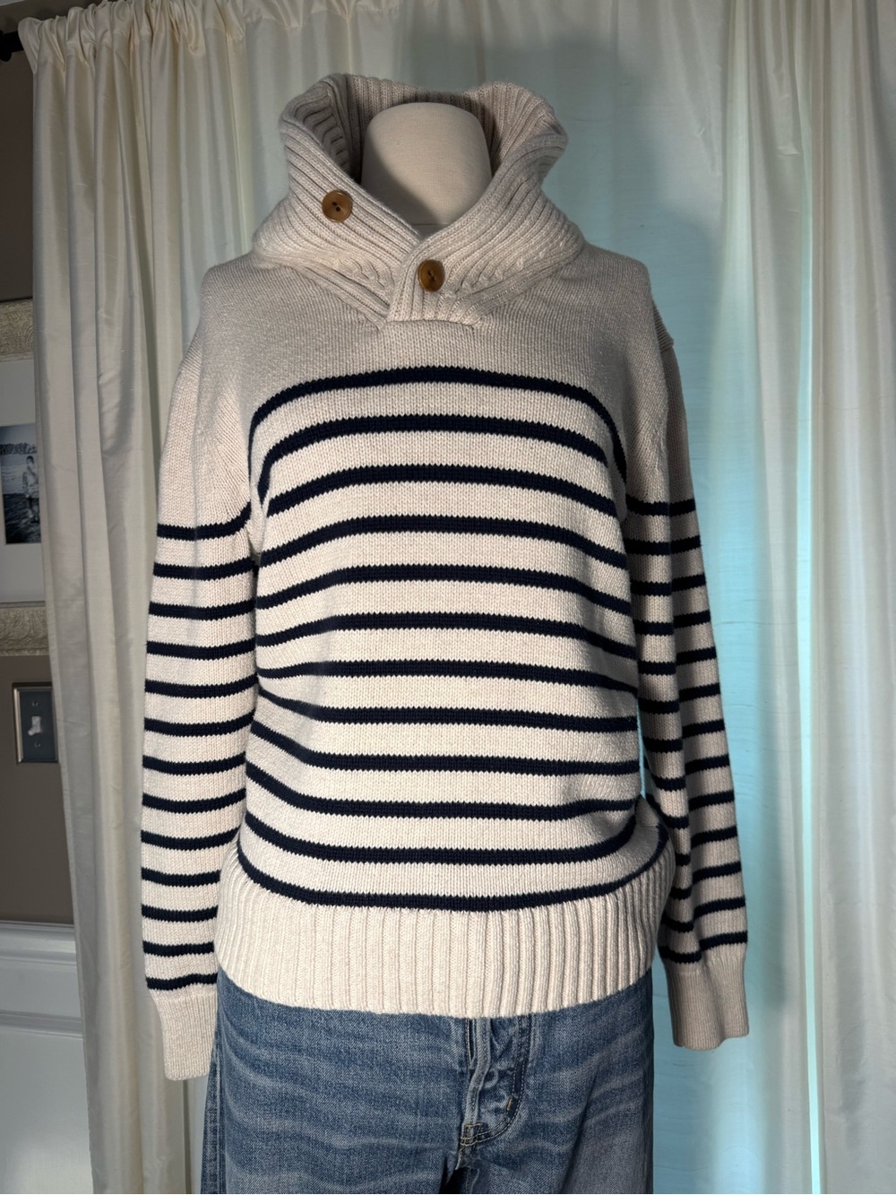 J. Crew Men’s Cream and Navy Striped Shawl Neck Sweater - Picture 7 of 10